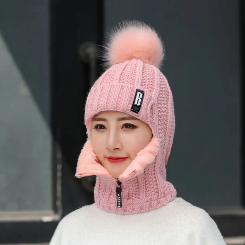 Top Trends: Fashion Women Wool Knitted Hat Ski Hat Sets For Female Windproof Winter Outdoor Knit Thick Siamese Scarf Collar Warm Pompoms Hat Shoppable Styles