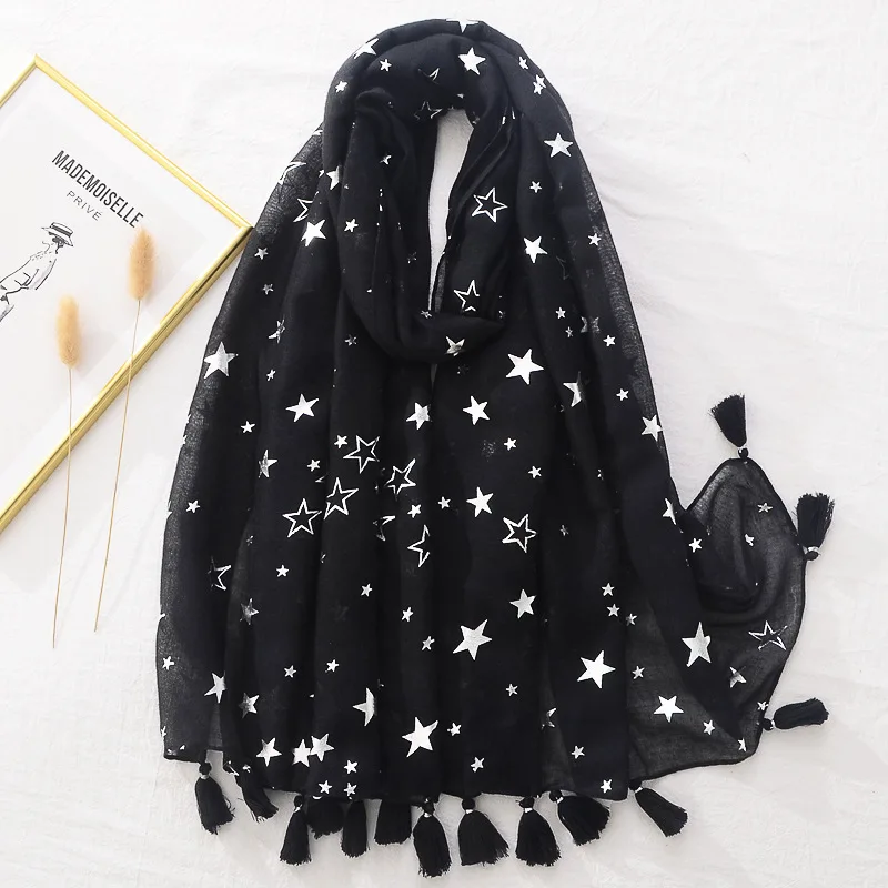 Top Trends: 2024 New Fashion Lovlely Black Silver Star Tassel Viscose Shawl Scarf Lady High Quality Print Wrap Foulard Pashmina Muslim Hijab Shoppable Styles