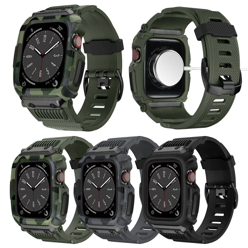 Top Trends: Army Camouflage Sport + Rugged Case For Apple Watch 8 7 5 4 6 SE 45MM 44MM Rop-Resistant Integrated Military Strap Shoppable Styles