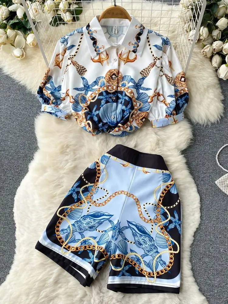 Top Trends: Runway Two Piece Shorts Set Women Summer Short Sleeve Vintage Print Blouse Tops And Short Pants Outfits Matching Sets 5034 Shoppable Styles