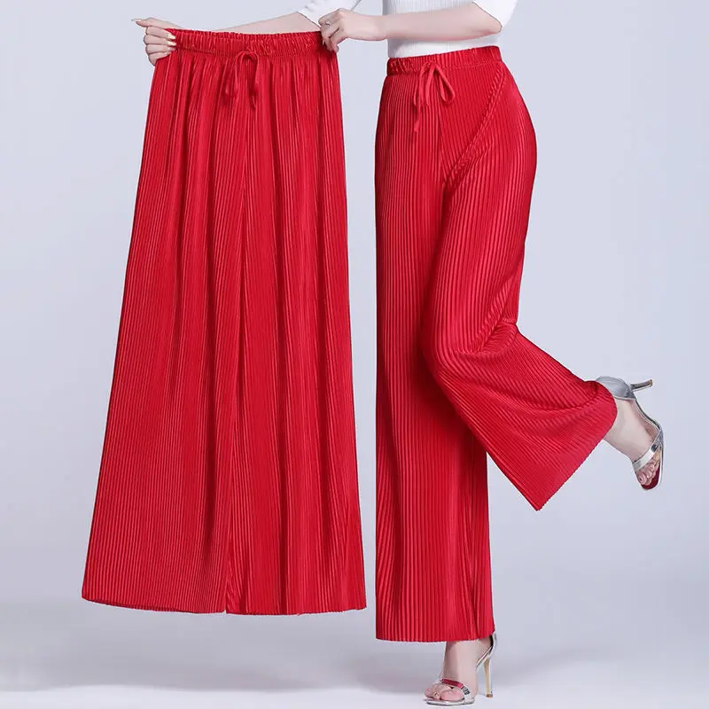 Top Trends: Spring Summer Harajuku Pleate Oversize Wide Leg Pants Lace-up High Waist Elastic Woman Solid Fashion Casual Straight Trousers Shoppable Styles