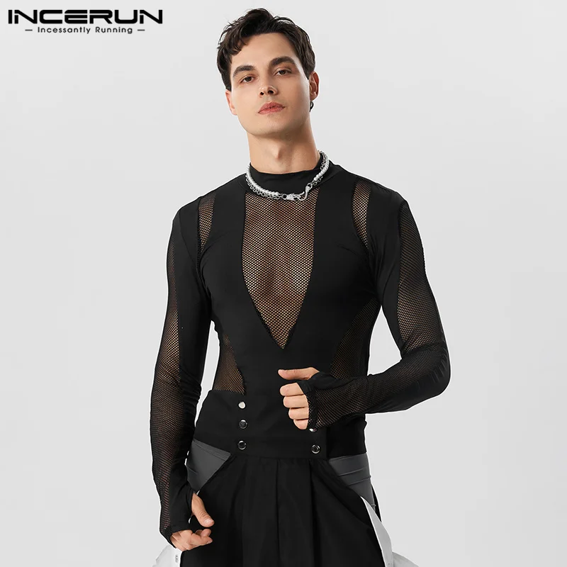 Top Trends: INCERUN Sexy Homewear Mens Hollow See-through Mesh Splice Bodysuits Casual Tight Elastic Sleeve Finger Triangle Jumpsuits S-5XL Shoppable Styles