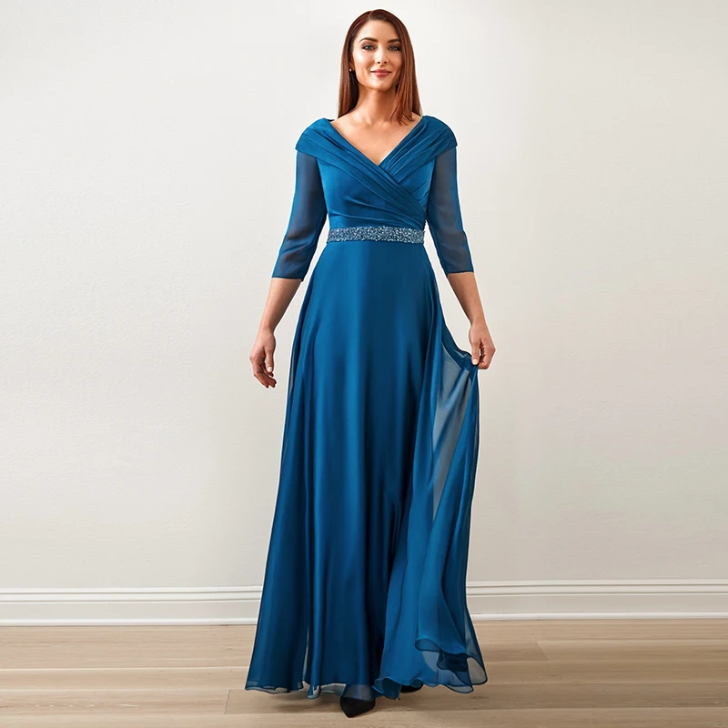 Top Trends: Teal Blue Mother Of The Bride Dresses A-Line 3 / 4 Long Sleeves V-Neck Beaded Chiffon Full-Length Chiffon Formal Evening Prom Gown Shoppable Styles - Image 2