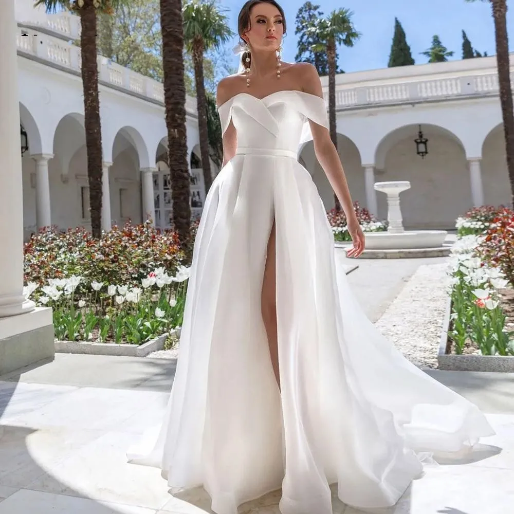 Top Trends: 2023 Elegant Sweetheart A-Line Wedding Dresses Off The Shoulder Backless Simple Satin Bridal Gowns High Side Split Custom Made Shoppable Styles