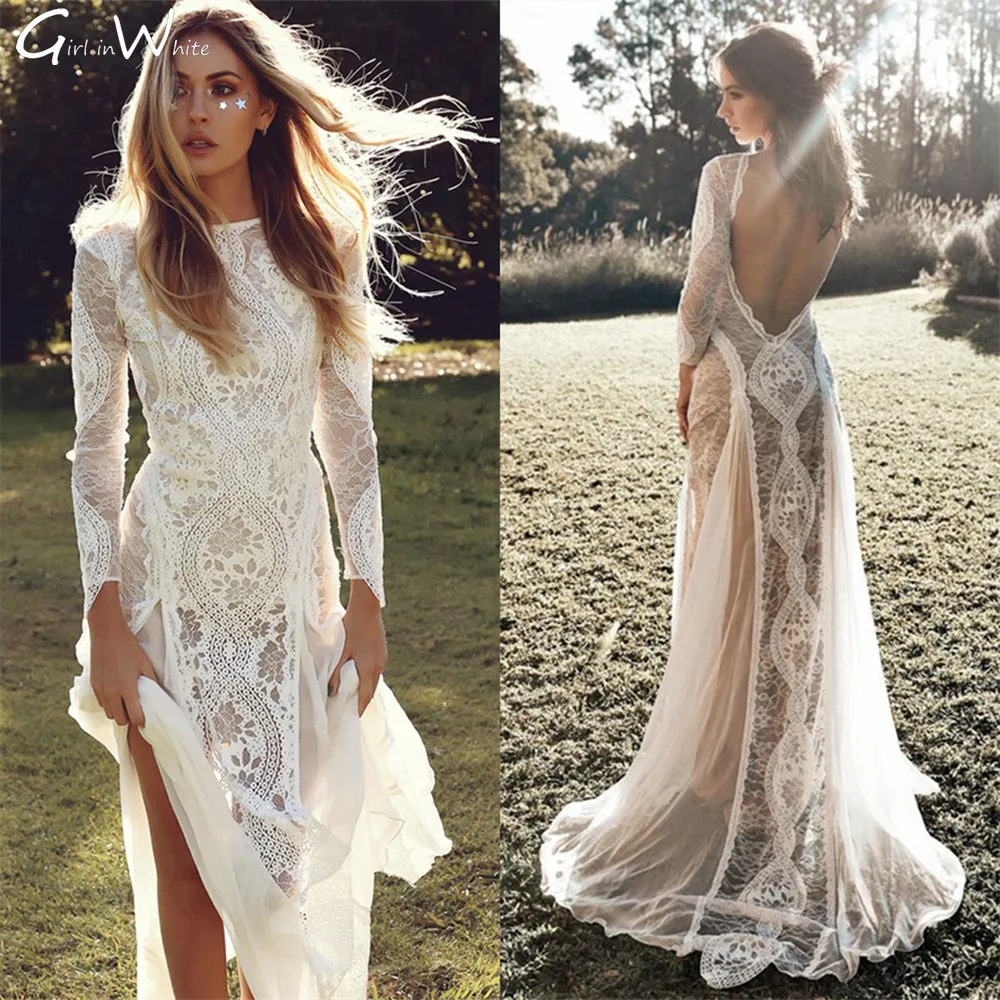 Top Trends: Bohemian Plus Size Sexy Split Wedding Dresses Lace Sheath Bride Robes Full Sleeves Backless Bridal Gowns Beach Vestido De Noiva Shoppable Styles