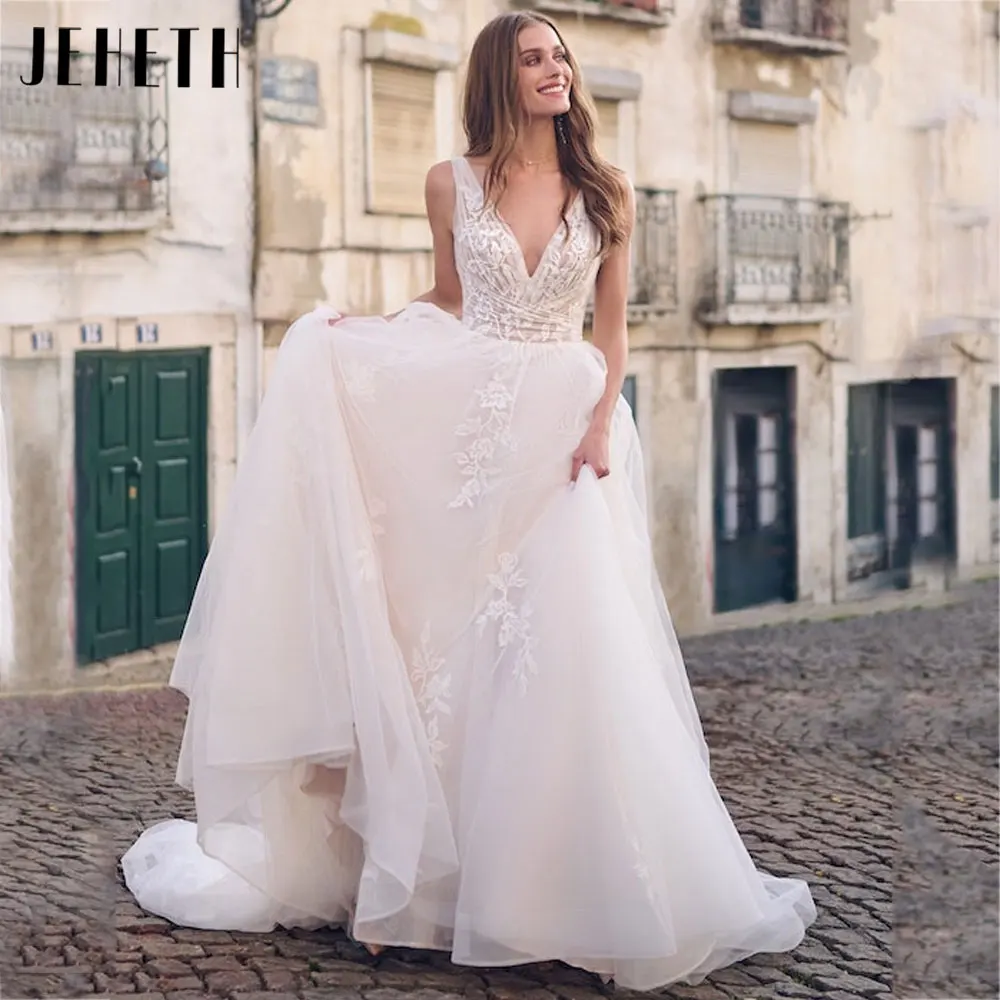 Top Trends: JEHETH V-Neck Appliques Tulle Wedding Dresses Sleeveless Backless Bride Gowns A-Line Custom Made 2024 Vestido De Noiva Casamento Shoppable Styles