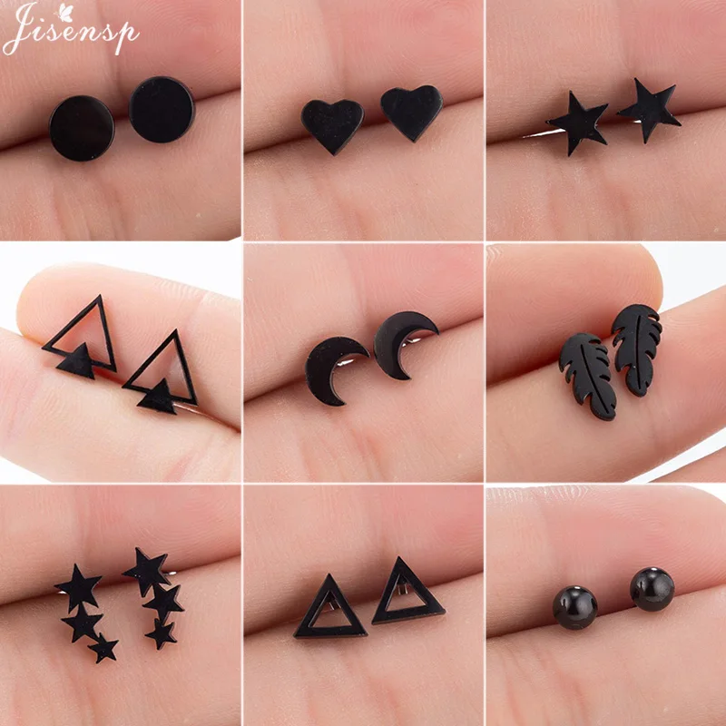 Top Trends: Fashion Stainless Steel Geometric Earrings Black Small Star Moon Round Triangle Ear Studs For Women Men Hip Hop Ear Jewelry 2024 Shoppable Styles