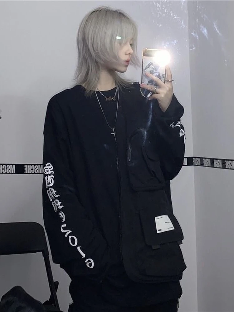 Top Trends: QWEEK Gothic Harajuku Oversized T Shirts Women Korean Letter Print Tees Black Long Sleeve Tops 2022 Spring Kpop Alt Clothing Shoppable Styles - Image 2