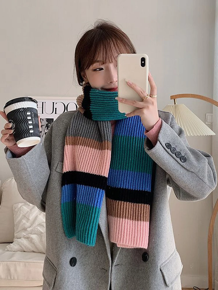 Top Trends: Winter Contrast Color Rainbow Knitted Striped Scarf Korean Outside Cold-proof Men And Women Couple Scarf Luxury Designer Hijab Shoppable Styles