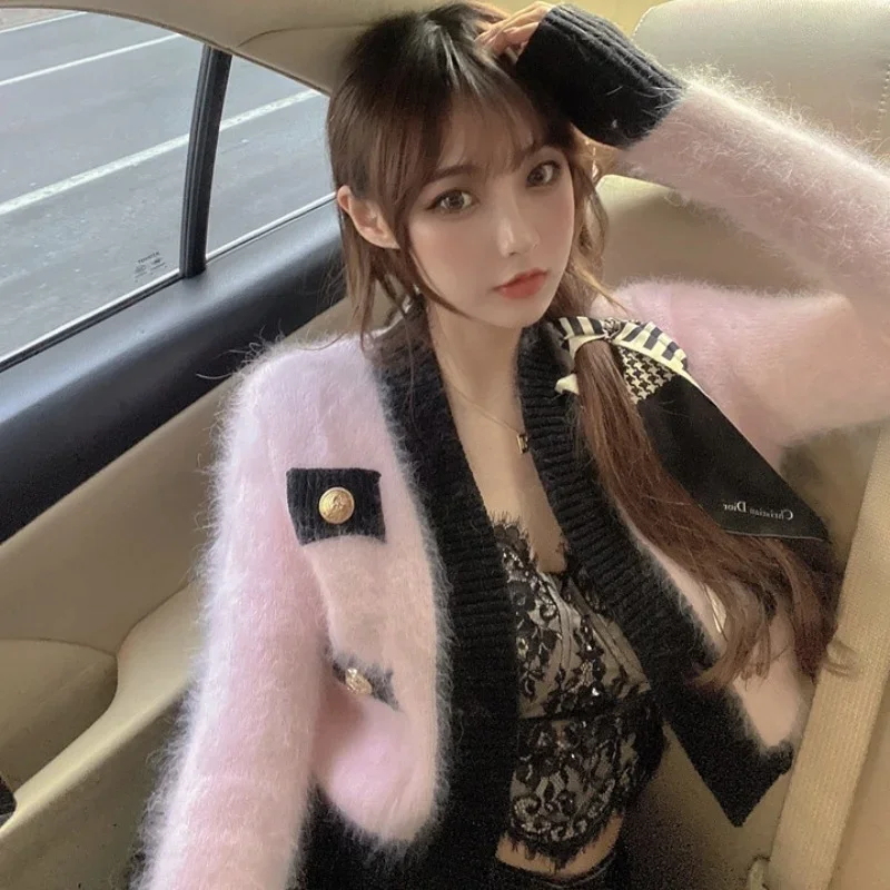 Top Trends: Women Sweaters Pink Mohair Contrast Color Short Cardigans Korean Chic Ins Fashion Autumn Winter Jersey Mujer Sweet 2022 Pink Shoppable Styles - Image 2