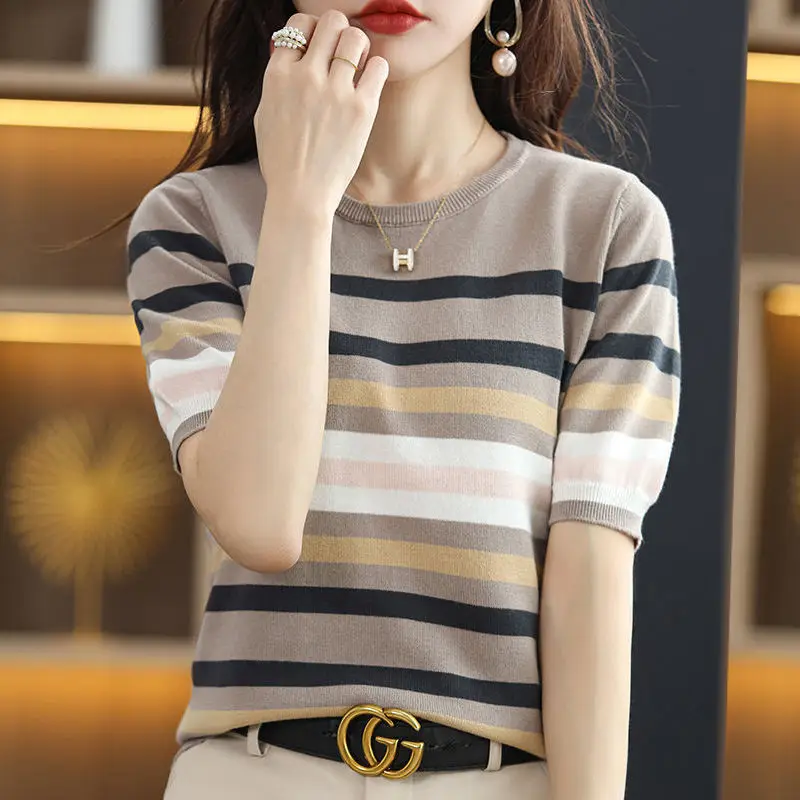 Top Trends: Summer Women Striped Knitted T-Shirt Koreon New Basic Pullover Female Clothing Vintage Casual Versatile Loose Short Sleeve Tops Shoppable Styles