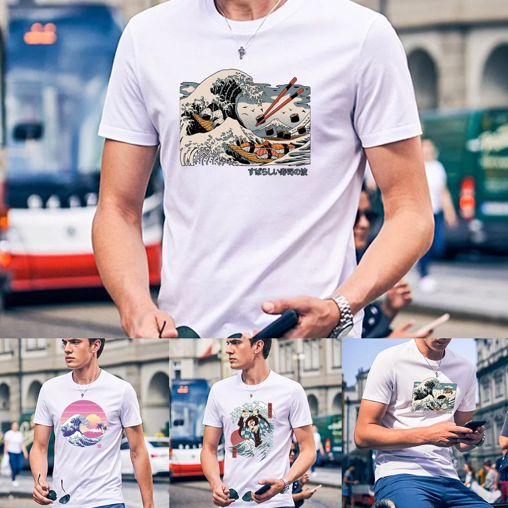 Top Trends: Summer Men T-shirts O-neck Tees Casual Short Sleeve Harajuku Wave Print Anime 2023 Fashion Kpop White Male Clothes Tops T Shirt Shoppable Styles