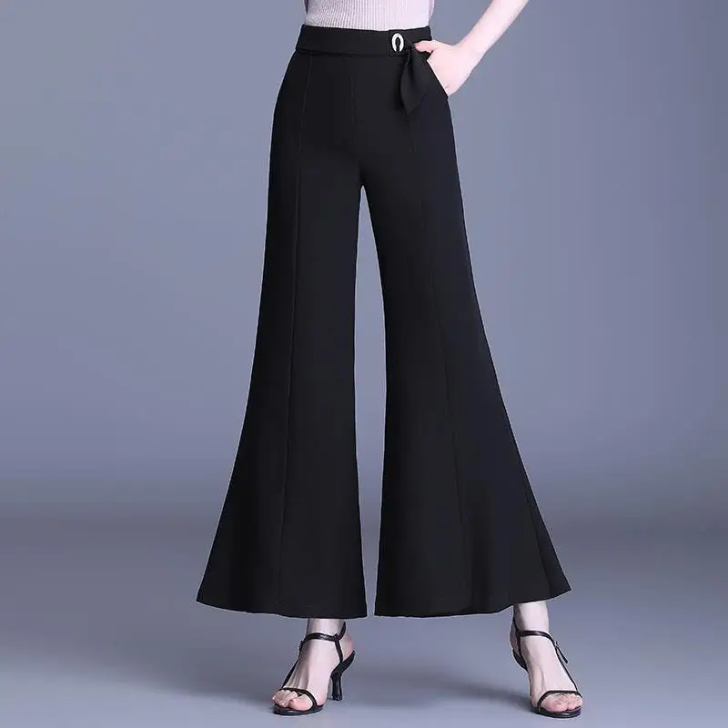 Top Trends: Office Lady Fashion Korean Elastic High Waist Flare Pants Women&#039;s Spring Summer New Black Elegant Casual Loose Wide Leg Trousers Shoppable Styles