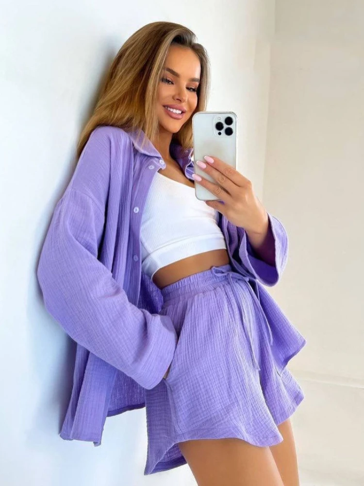 Top Trends: Solid Pleated Shorts Two Piece Set For Women Casual Loose Long Sleeve Shorts Set 2023 Autumn Fashion Women&#039;s Suit Button Outfits Shoppable Styles