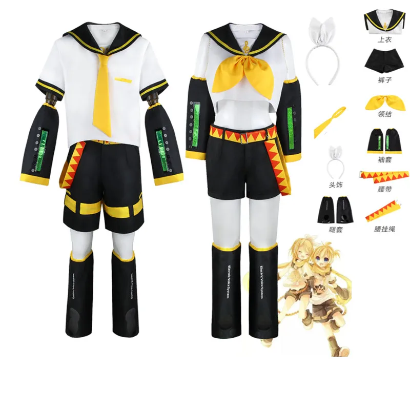 Top Trends: Anime Rin Len Halloween Costumes Uniform Vocaloid Cosplay Yellow Wig Top Pants Uniform Clothing Halloween Carnival Adult Kids Shoppable Styles