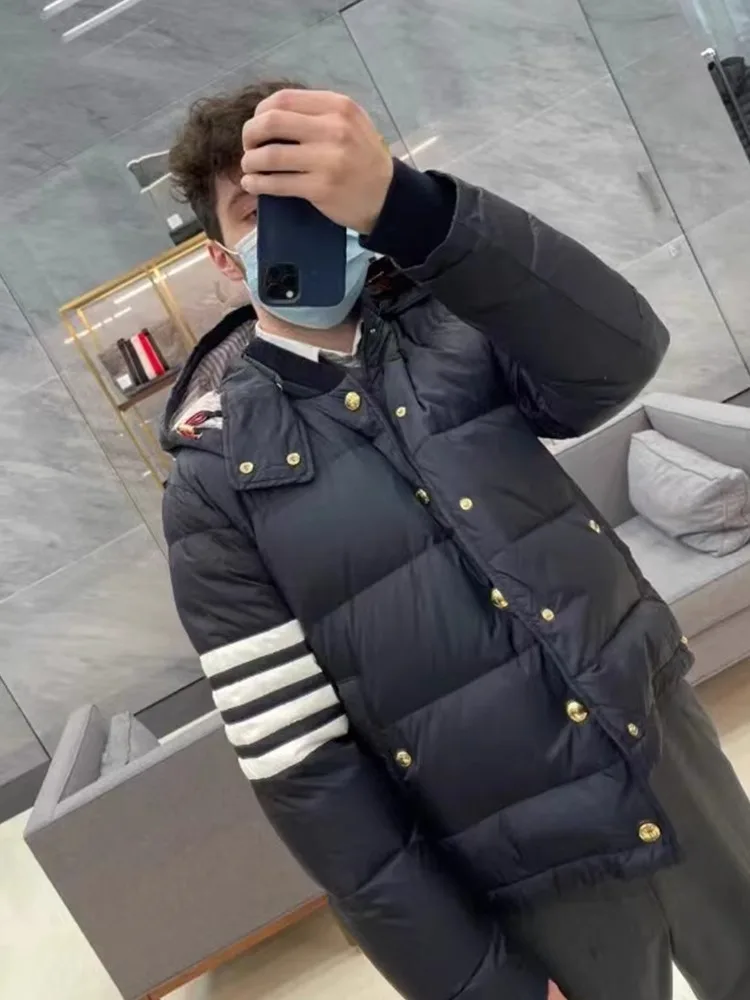 Top Trends: Men's Down Jacket Winter New Hooded Four-bar Stripe Thickened Keep Warm Short Coat Fashionable Casual Couple Jacket Coat Shoppable Styles - Image 4