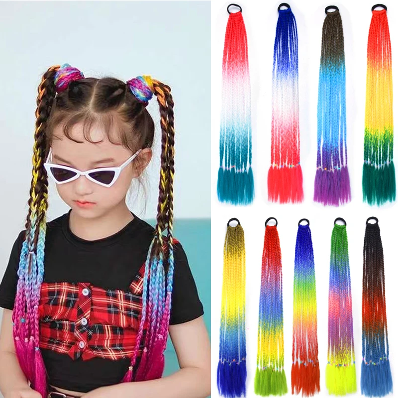 Top Trends: Colored Gradient Dirty Box Braided Ponytail For Girls With Elastic Hair Band Rubber Band Hair Accessories Wig Headband Hairpiece Shoppable Styles