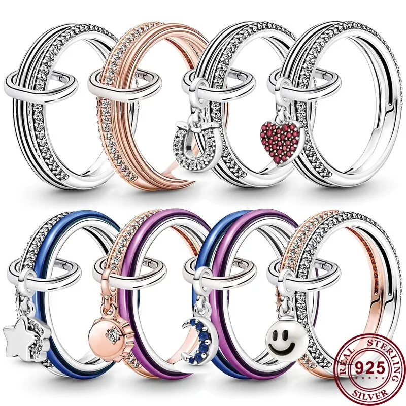 Top Trends: New Hot 925 Silver Lucky Bottle Cap Happy Smiling Face Peach Heart Women&#039;s Logo Combination Ring High Quality DIY Charm Jewelry Shoppable Styles