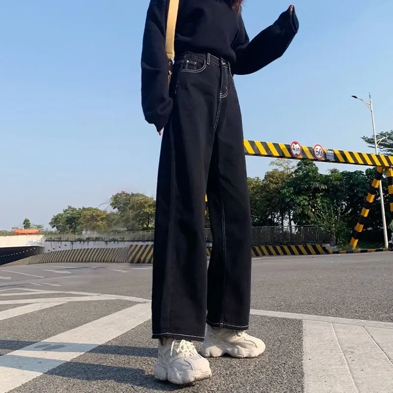 Top Trends: Jeans Women Korean Style Mopping Trousers Denim Vintage Black Solid High Waist Autumn Baggy Chic Street Casual Wide Leg Jeans Shoppable Styles