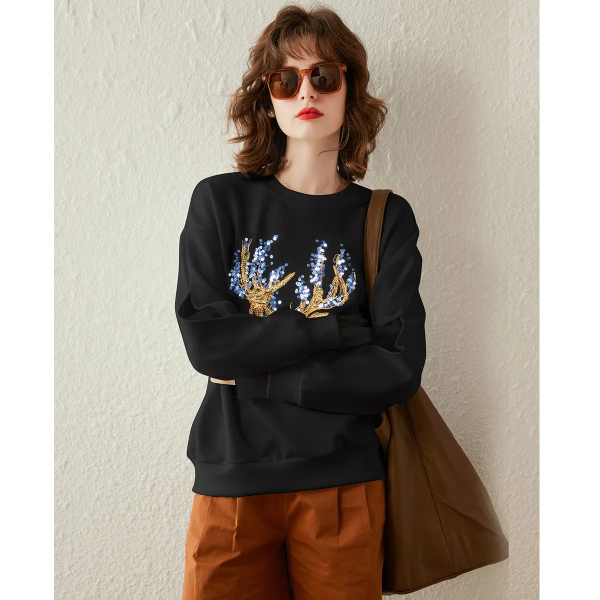 Top Trends: LOUIS YAO Women Hoodies 2023 Autumn Loose Round O Neck Long Sleeve Splicing Gauze Dropped Shoulder Sleeve Sequin Embroider Top Shoppable Styles - Image 3