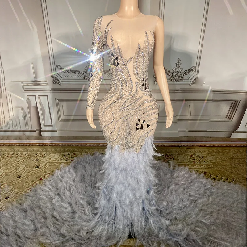 Top Trends: Luxurious Sparkly Feather Tail Dress Women Evening Prom Celebrity Party Birthday Wear Singer Stage Costume Wedding Wedding Dress Shoppable Styles