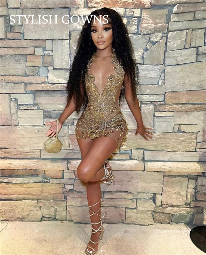 Top Trends: Sparkly Gold Sheer O Neck Short Prom Dress For Black Girl Beaded Crystal Diamond Birthday Party Dresses Mini Cocktail Homecoming Shoppable Styles