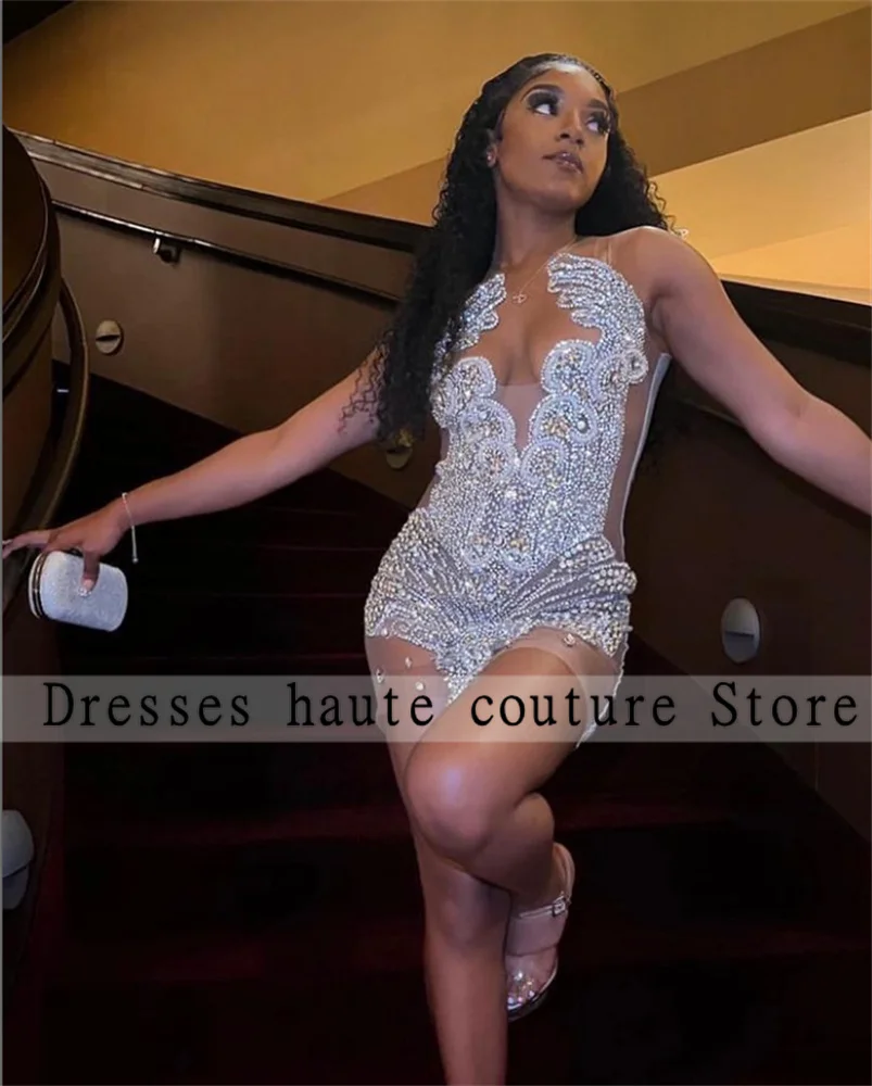 Top Trends: Silver Crystal Beads Short Prom Dresses 2024 Black Girls Birthday Party Mini Cocktail Dress Mermaid Robe De Bal Custom Shoppable Styles