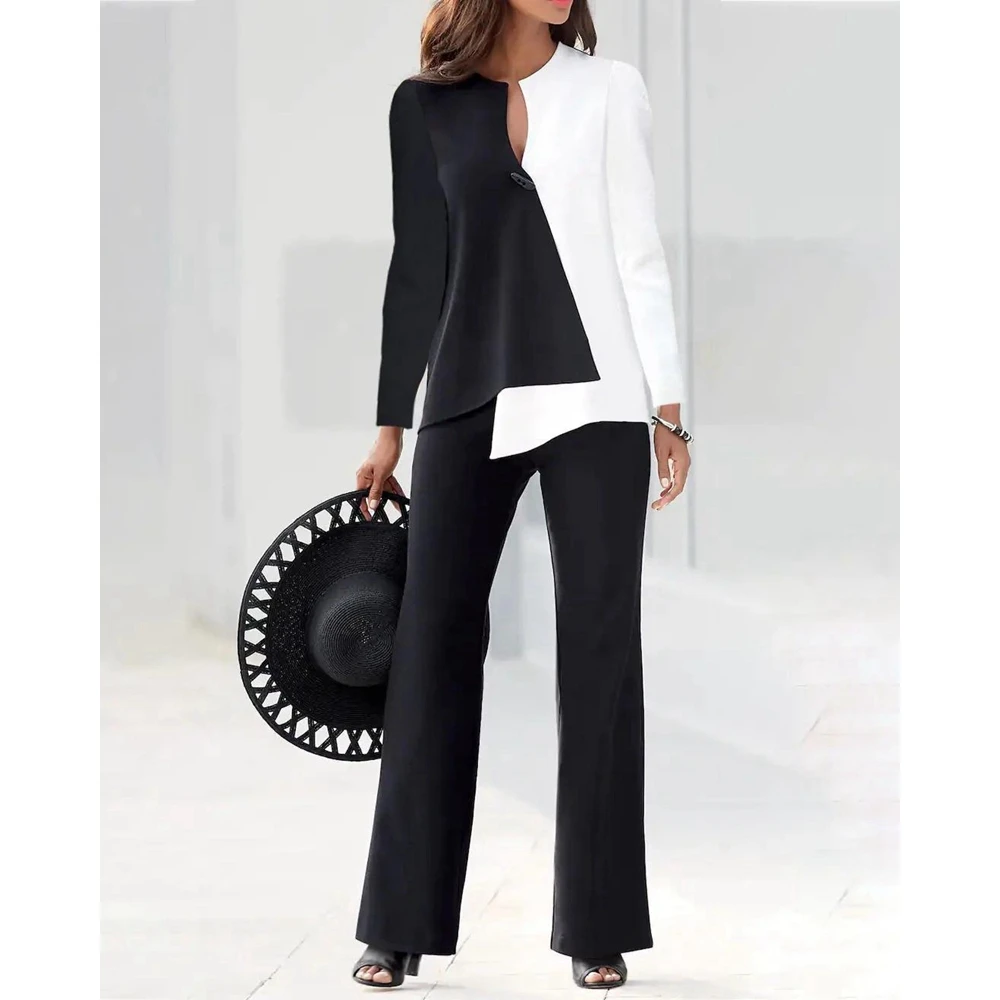 Top Trends: Casual Women Colorblock Long Sleeve Top & Wide Leg Pants Set Summer Femme Office Lady Two Pieces Suit Set Outfits Korean Style Shoppable Styles