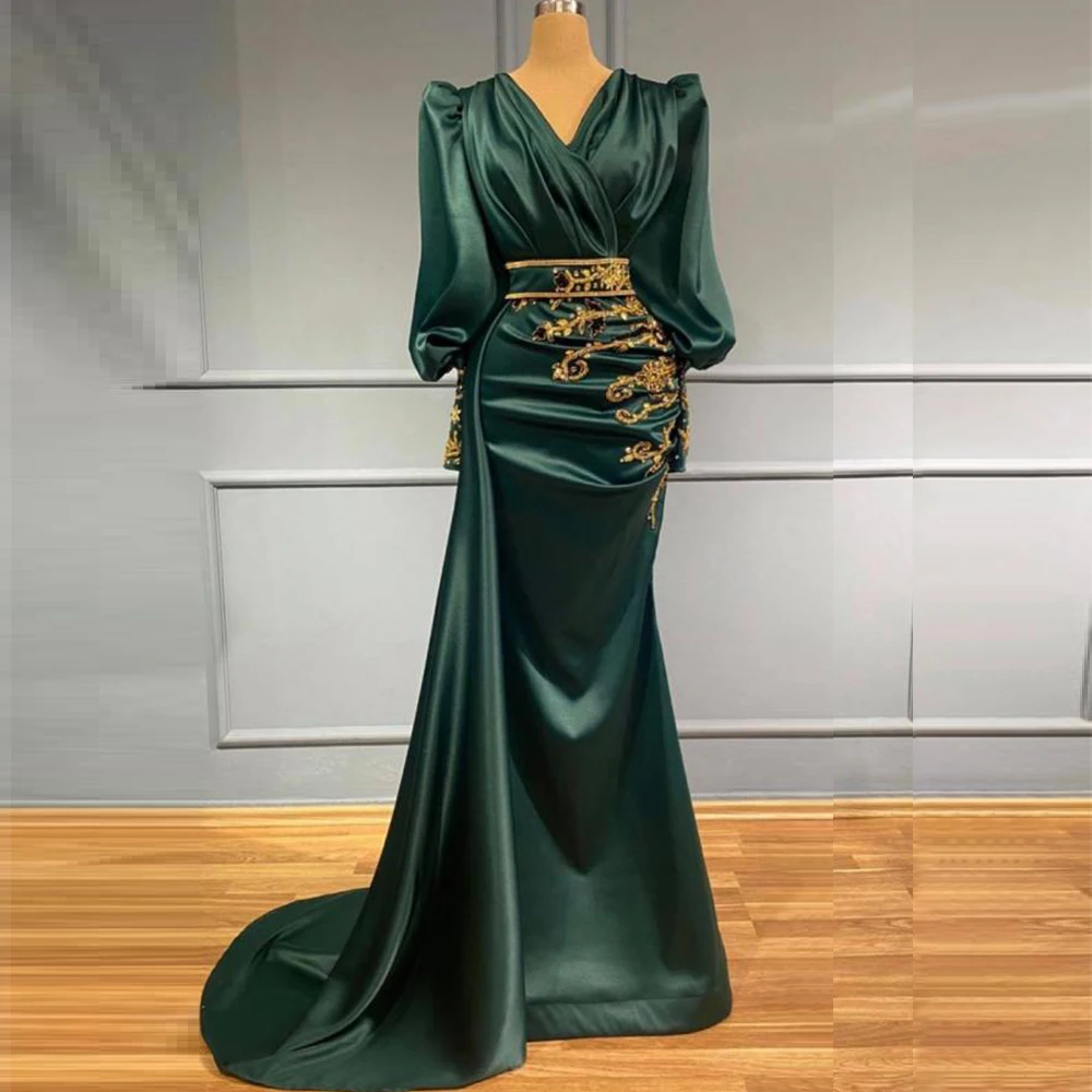 Top Trends: 2023 Green Mermaid Evening Dresses Gold Decal Long Sleeve Sexy V-Neck Princess Prom Gowns Satin Pleated Formal Beach Party Robe Shoppable Styles