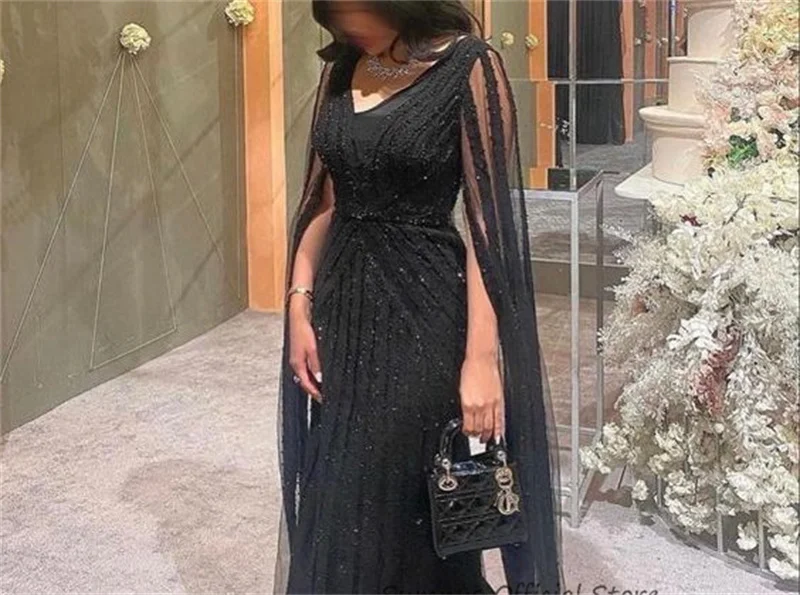 Top Trends: SUMNUS Luxury Elegant Mermaid Evening Party Dress Black Arabic Long V-Neck With Cape Sequined Formal Prom Dresses Robe De Soiree Shoppable Styles - Image 4