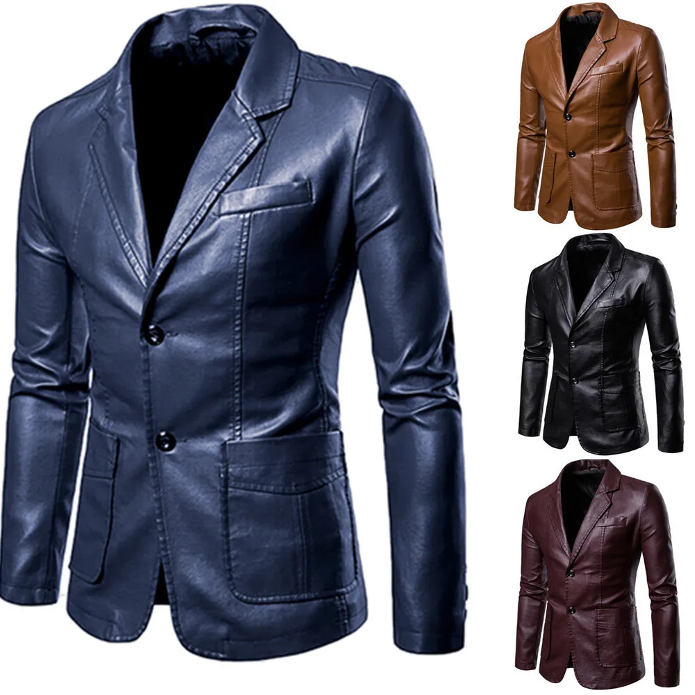 Top Trends: Leather Blazer Man 2024 Spring Autumn Fashion Men's Leather Jacket Dress Suit Coat Male Business Casual Pu Black Blazers Jacket Shoppable Styles