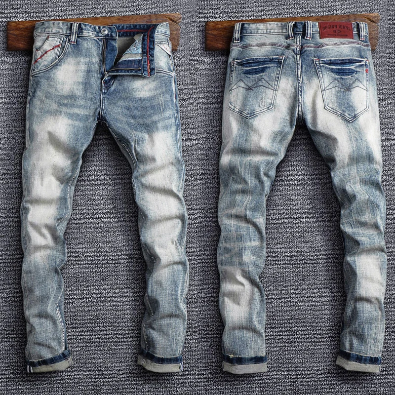 Top Trends: Italian Style Fashion Men Jeans Retro Gray Blue Elastic Slim Fit Ripped Jeans Men Trousers Vintage Designer Casual Denim Pants Shoppable Styles