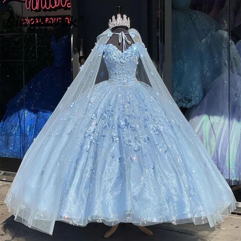 Top Trends: Sweet 16 Sky Blue Princess Quinceanera Dress With Cape Applique 3D Floral Crystal Beading Ball Gown Vestidos De 15 Anos Corset Shoppable Styles