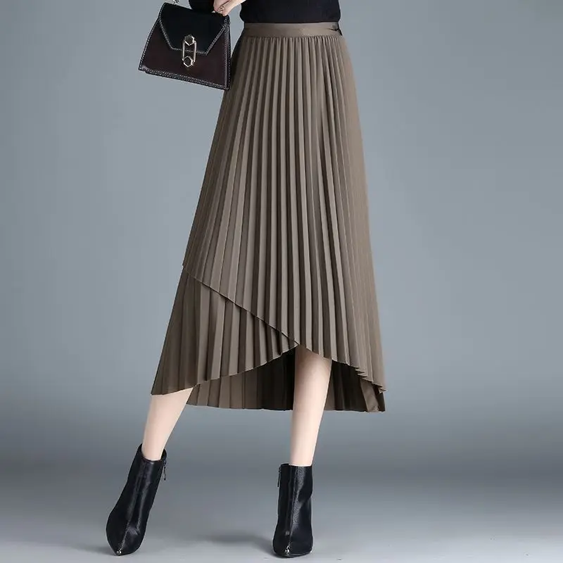 Top Trends: Casual Irregular Pleated A-Line Midi Skirts Spring Autumn Solid Color Female Clothing Basic Korean Stylish Asymmetrical Skirt Shoppable Styles