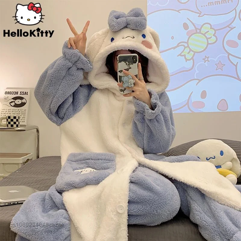 Top Trends: Sanrio Cinnamoroll Fleece Thick Pajamas Autumn Winter Warm Coral Plush Nightgown Y2k Loose Cartoon Flannel Household Suit Women Shoppable Styles