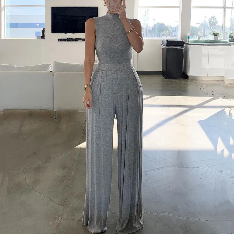 Top Trends: Woman Gray Fashion Jumpsuit Chic Sleeveless Half-high Collar Waist Waist Stand-up Collar Wide-leg Jumpsuit Ladies Jumpsuits 2023 Shoppable Styles - Image 3