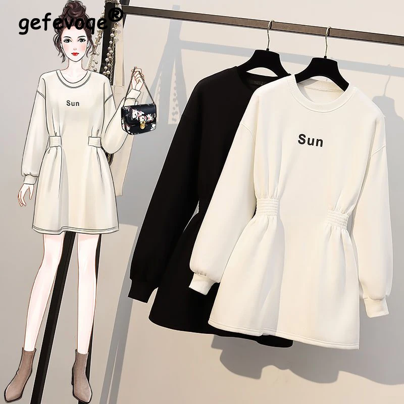 Top Trends: Women Korean Fashion Letter Print Elegant Chic Slim Sweatshirts 2023 Autumn Winter Female Casual Plush Thick Tunic Pullover Tops Shoppable Styles