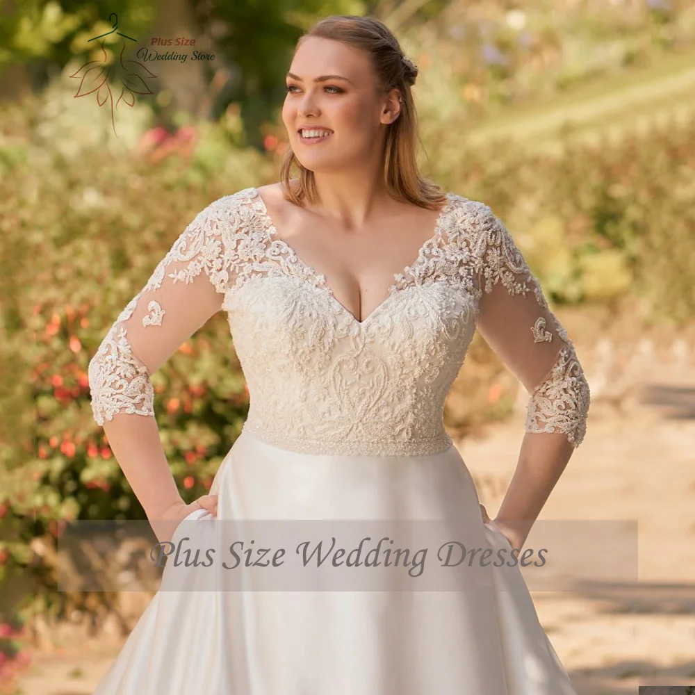 Top Trends: Classic Wedding Dresses 2023 Plus Size V-Neck 3 / 4 Sleeves Bride Gowns Back Lace-up Lace Applique A-Line Satin Robe De Mariage Shoppable Styles - Image 3