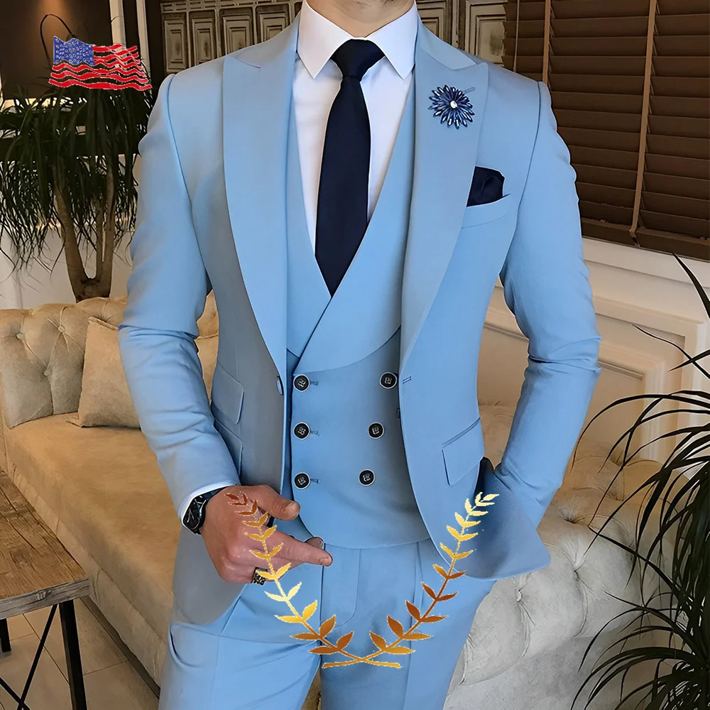 Top Trends: Sky Blue Groom Wedding Tuxedo Men&#039;s Suit Jacket Pants Vest 3-piece Set Slim Fit Handsome Men Blazer For Party Shoppable Styles