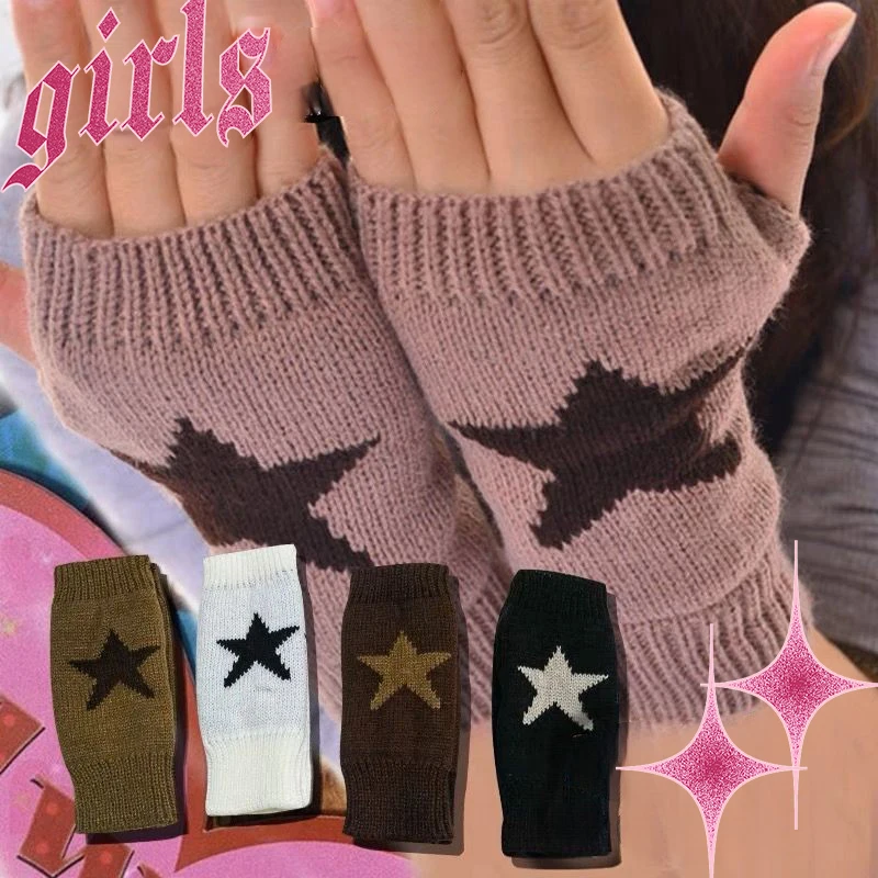 Top Trends: Y2K Punk Star Knitted Woolen Gloves Fashion Men Women Pentagram Half Finger Warm Soft Mitten Five Pointed Star Fingerless Gloves Shoppable Styles - Image 2