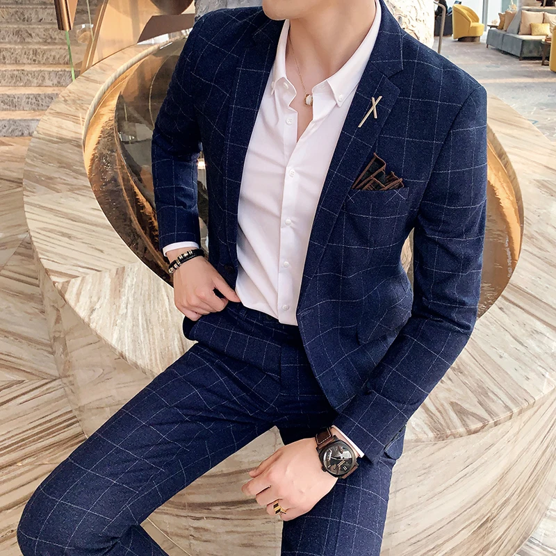 Top Trends: (Jacket+ Pants) 2023 New Men's Slim Fit Button Suit Dress Blazer Host Show Mens Formal Plaid Blazer Wedding Dress Plus Size M-5XL Shoppable Styles