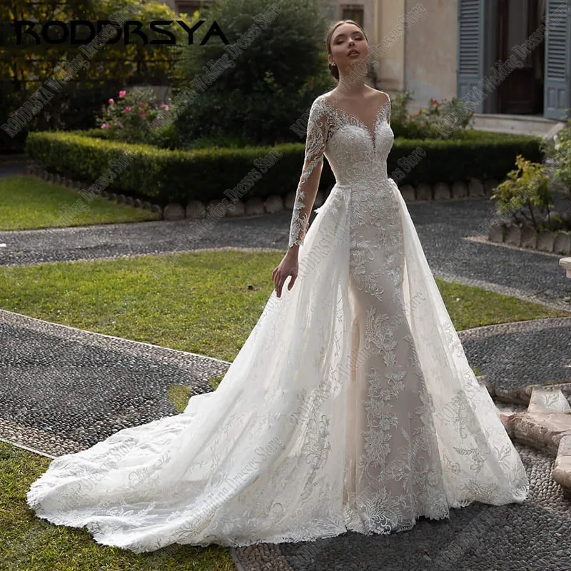 Top Trends: RODDRSYA Romantic V-Neck Appliques Mermaid Wedding Dress Elegant Long Sleeve Tulle Bridal Gowns New Detachable Train Bride Party Shoppable Styles