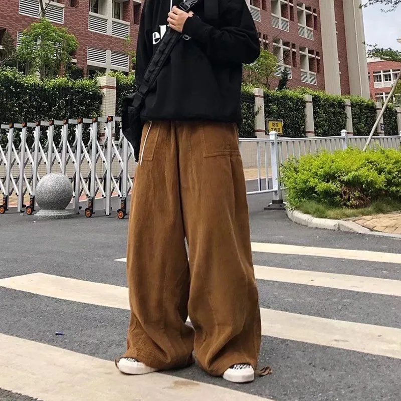 Top Trends: Brown Black Corduroy Pants Men Fashion Retro Oversized Casual Pants Men Streetwear Loose Hip-hop Wide-leg Pants Mens Trousers Shoppable Styles