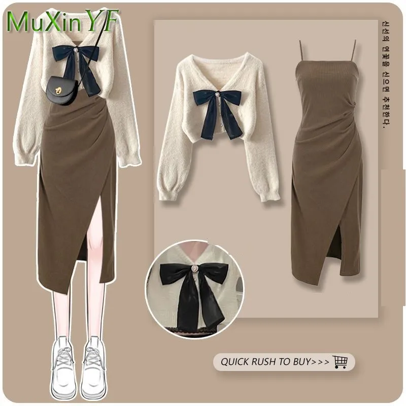 Top Trends: 2023 Autumn / Winter New Matching Set Women&#039;s Chic Knit Sweater Split Sling Skirt Two Piece Korean Elegant Bow Cardigan Dress Suit Shoppable Styles