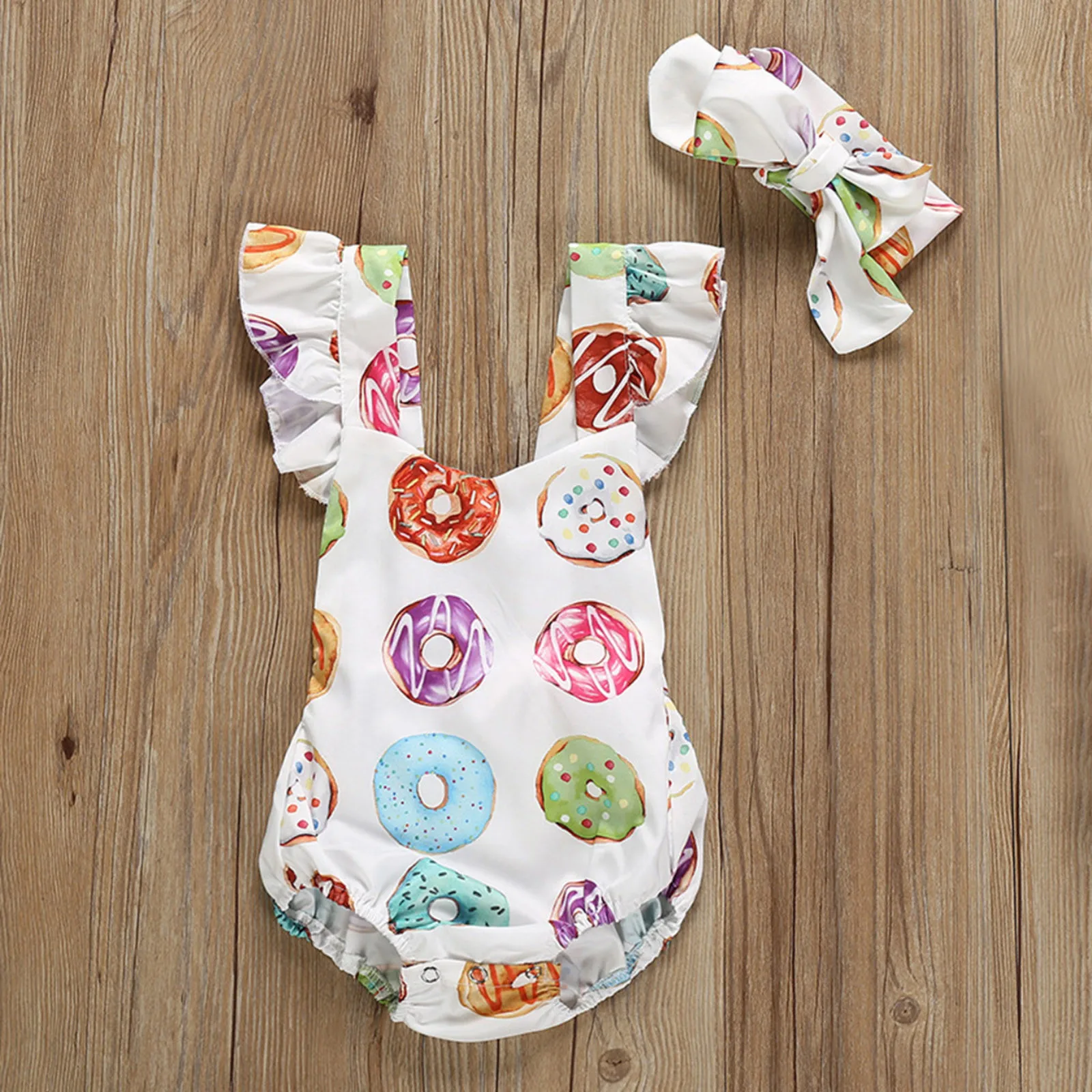 Top Trends: Baby Rompers Summer Clothing Cute Newborn Infant Baby Girl Donuts Fly Sleeve Bodysuits Colorful Jumpsuit Headband 2Pcs Outfits Shoppable Styles