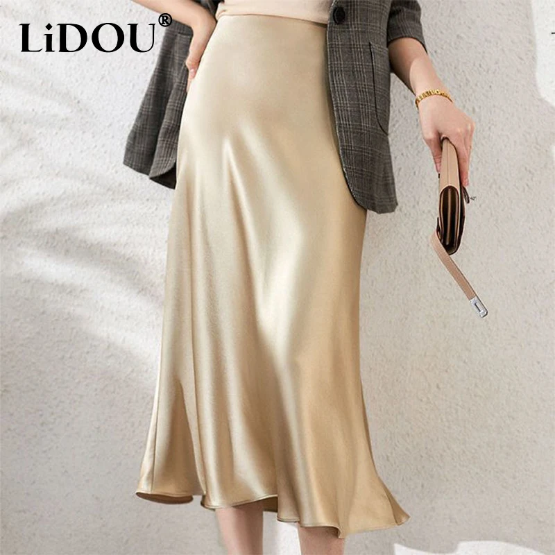 Top Trends: Spring Autumn High Waist Elegant Fashion Satin Skirt Office Lady Temperament Solid Simple All-match Folds Skirts Female Clothes Shoppable Styles