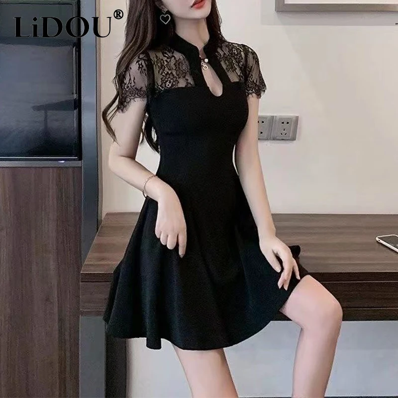 Top Trends: Summer Stand Collar Lace Patchwork Slim Dress Women&#039;s Elegant Fashion High Waist Black Robe Femme Vesidos Ladies Sexy Dresses Shoppable Styles