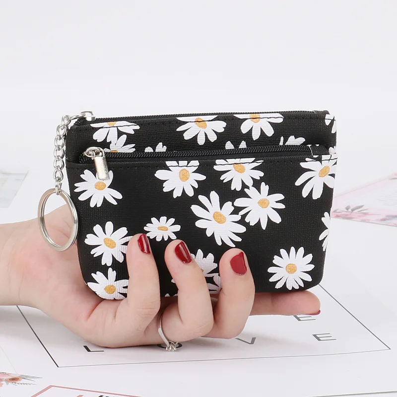 Top Trends: Daisy Print Coin Purse Women Mini Wallets Clutch With Zipper Keychain Small Coin Pouch Bag Female Pouch Key Card Holder Wallet Shoppable Styles