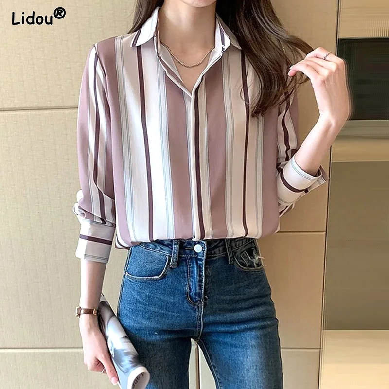 Top Trends: All Season Formal Shirts Patchwork Striped Button Turn-down Collar Solid Loose Temperament Capable 2022 Women&#039;s Clothing Casual Shoppable Styles