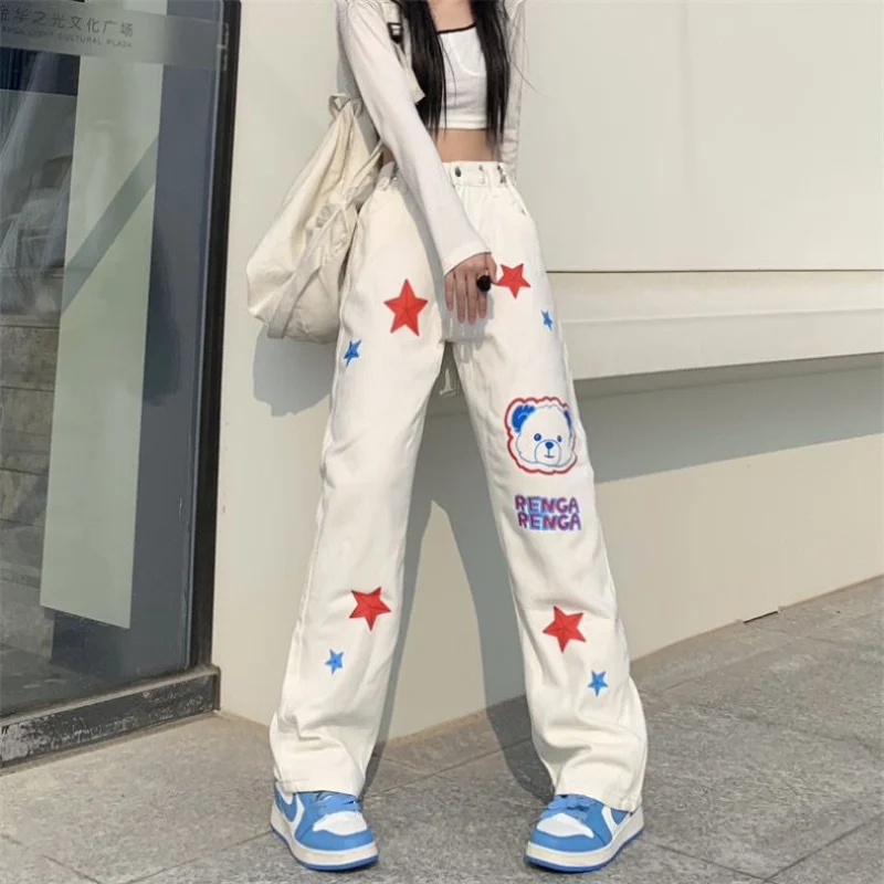 Top Trends: Streetwear Fashion Women Kawaii Jeans Spring Autumn New High Street Star Little Bear Casual High Waist All-match Loose Trousers Shoppable Styles - Image 5